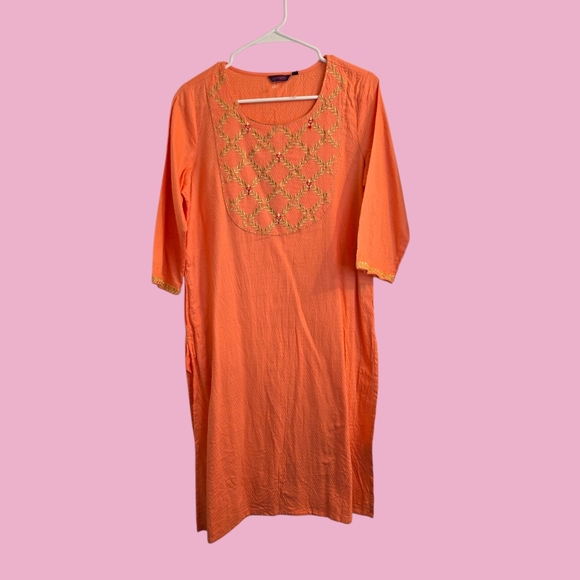 Tops - Orange Embroidered Tunic Dress